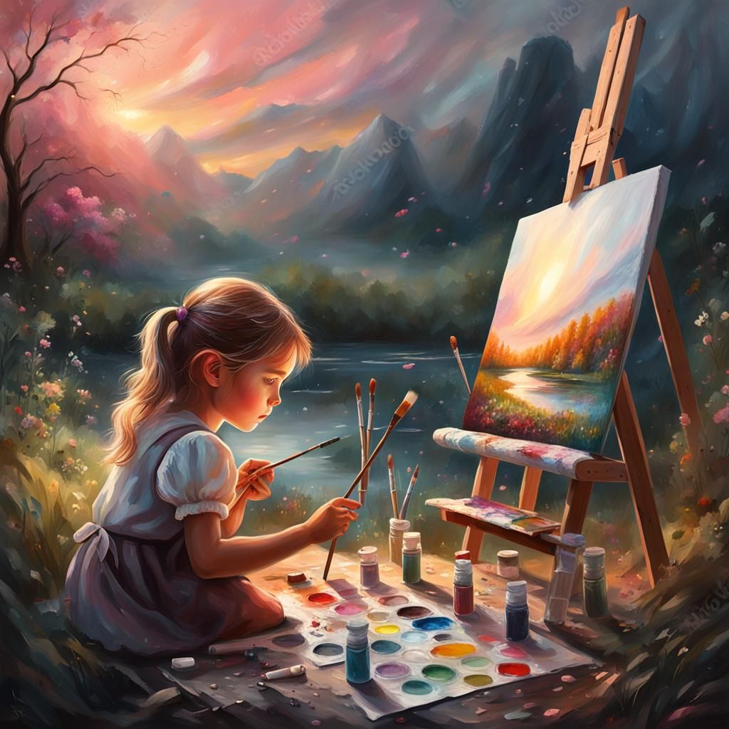 Girl Painting Romantic Landscape in Pastel Colors