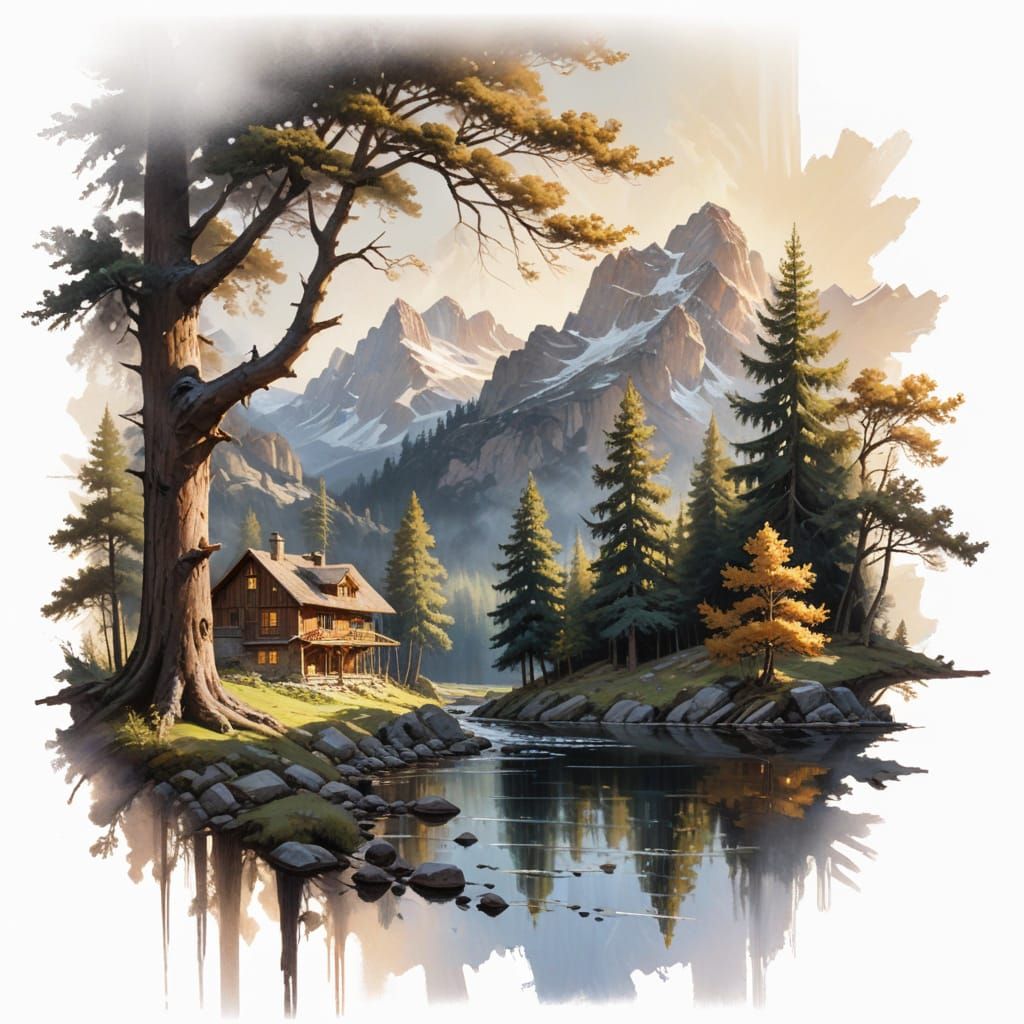 Mountain Chalet in Alpine Valley at Sunset