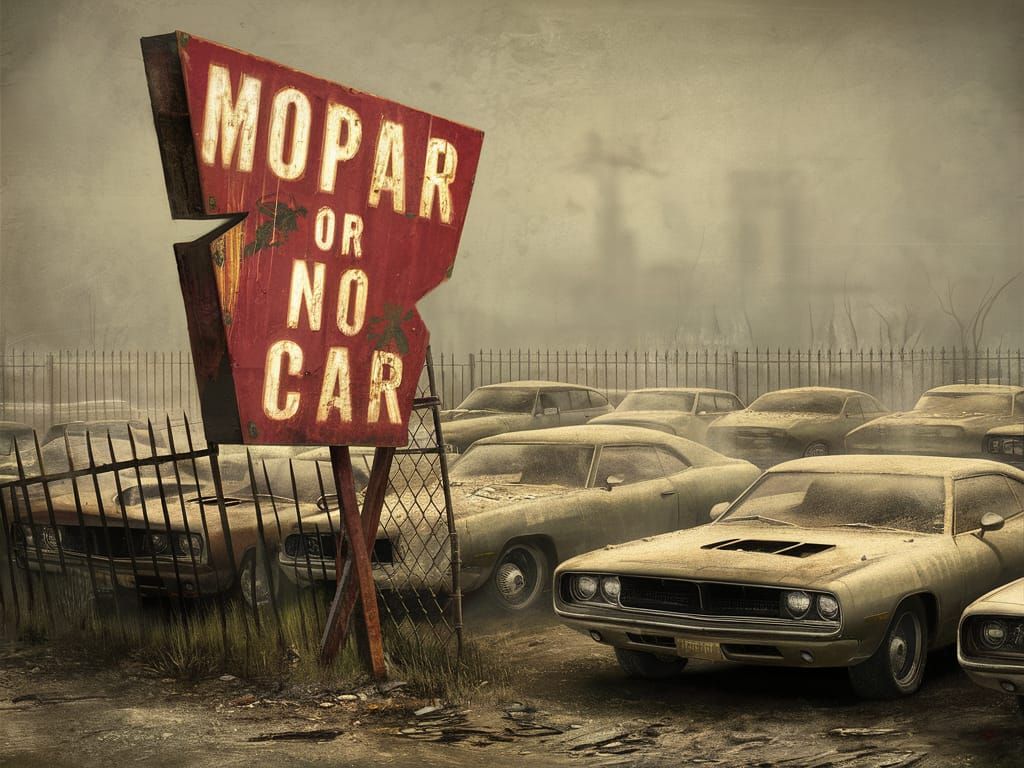 "MOPAR or No Car", in the background is a 1970's used car lo...