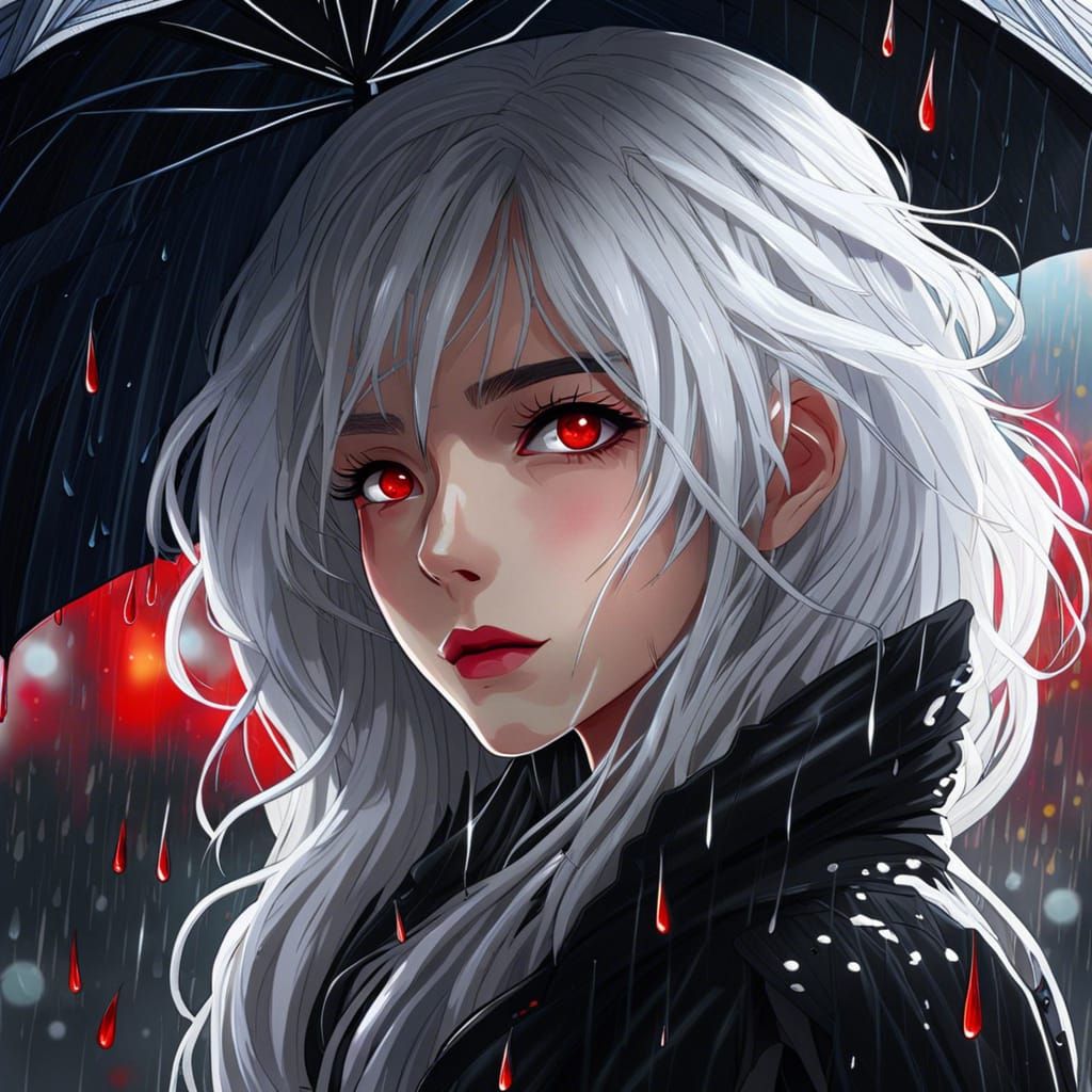 Anime Woman with White Hair and Red Eyes