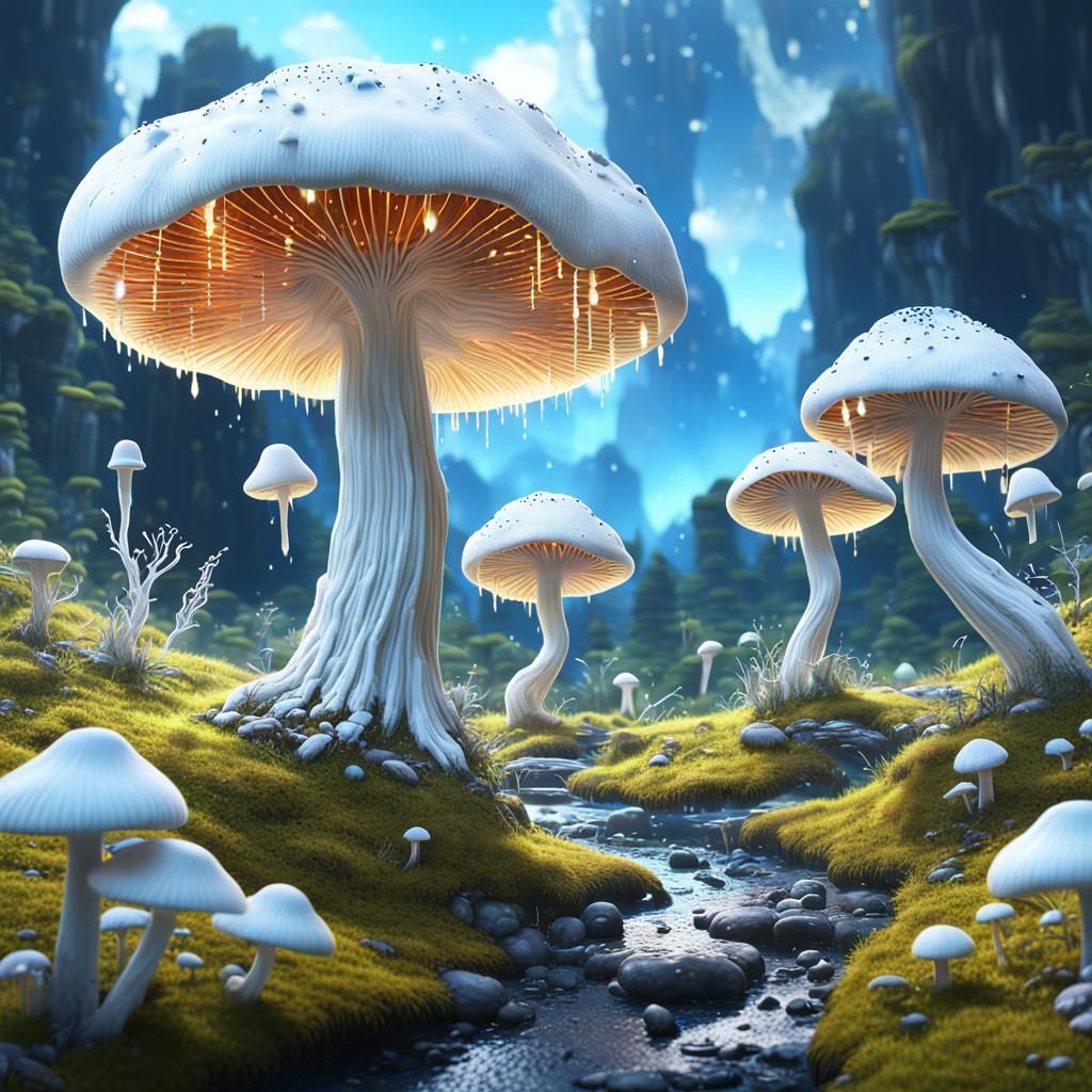 Magical White Mushroom Valley Paradise