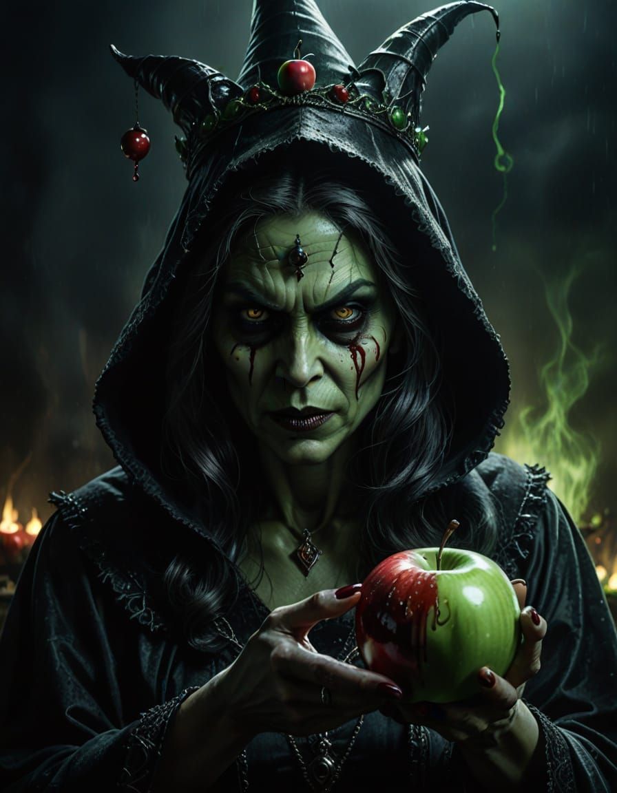 Dark Fantasy Witch Queen Holds Poisonous Apple in a Haunting...