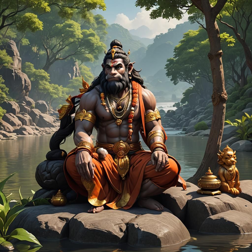 Hanuman at Riverside: Detailed 3D Anime Art