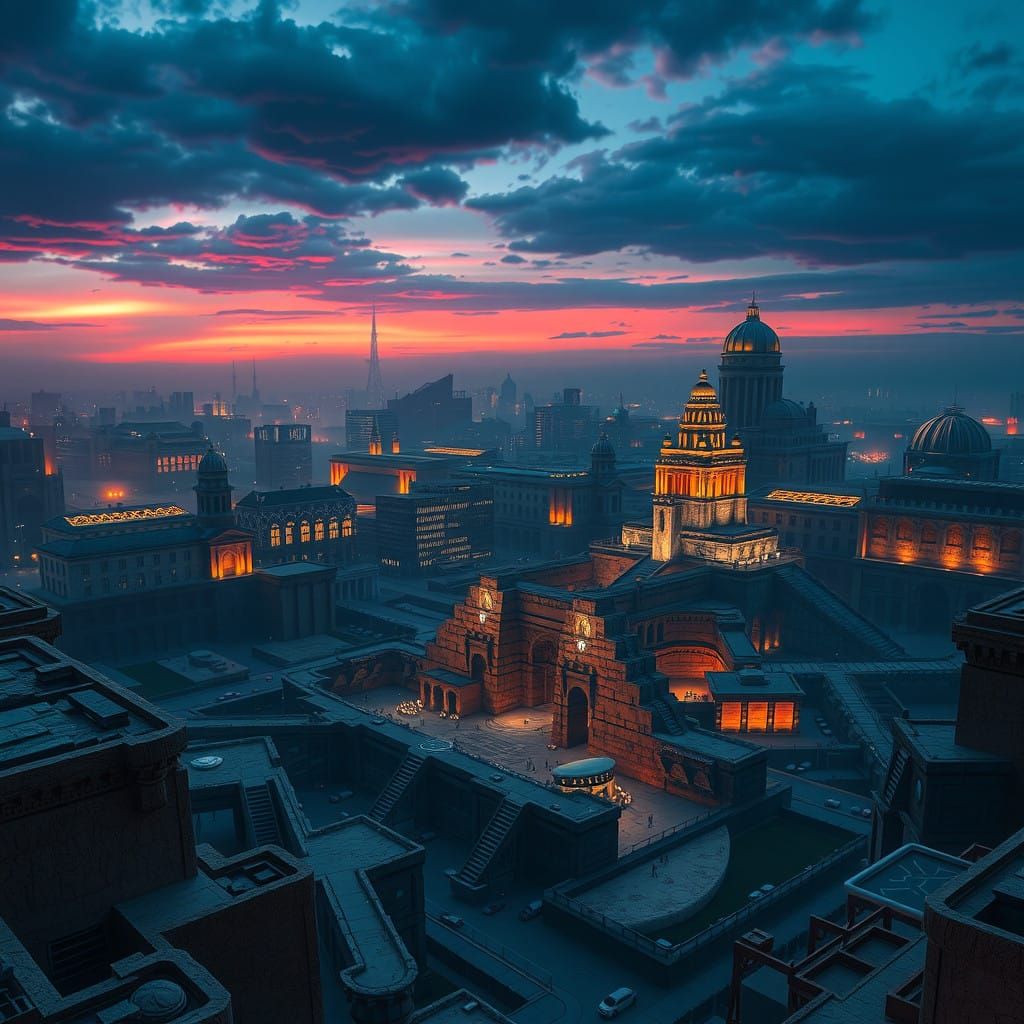 Fantasy Metropolis at Dusk with Majestic Dig Site