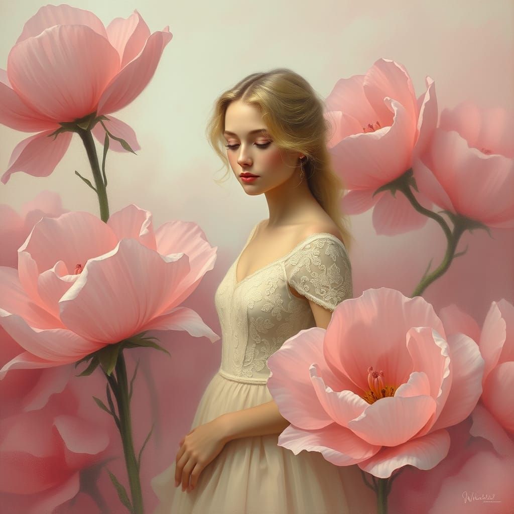 Woman in Lace Dress Surrounded by Roses