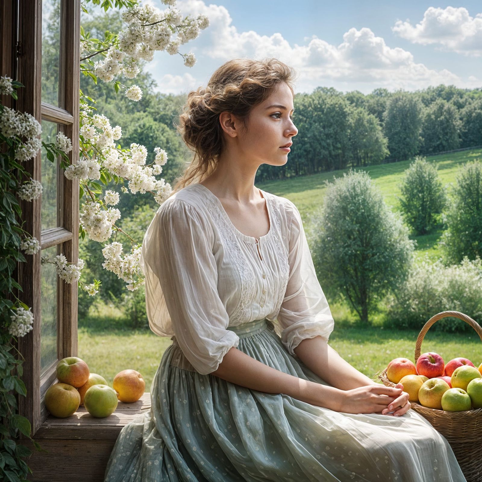 Woman in Serene Summer Landscape, Watercolor Style