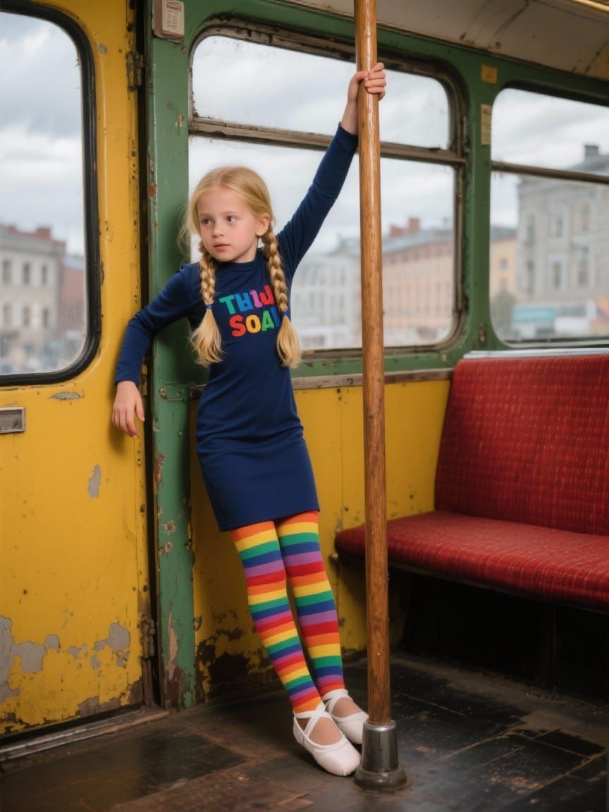 Girl Climbing Pole in Vintage Yellow Bus