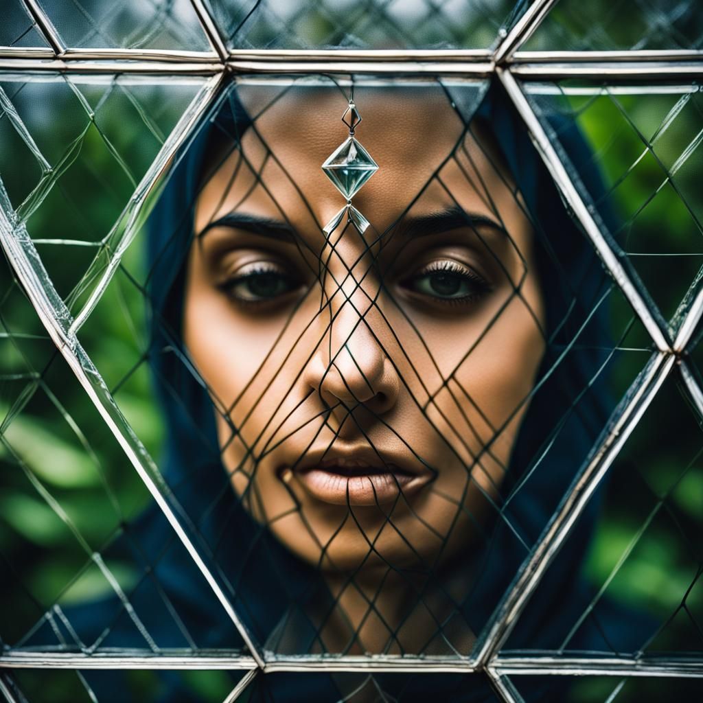 Veiled Woman's Face Through Fluted Glass
