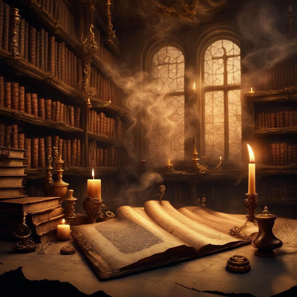 Ethereal Scroll Levitates in Enchanted Study