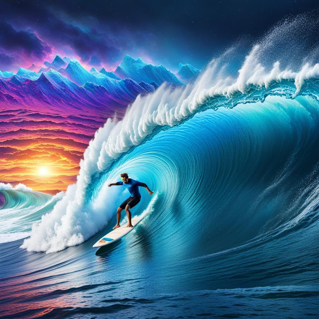 Surfer Rides Gigantic Wave: Cosmic Astral Illustration
