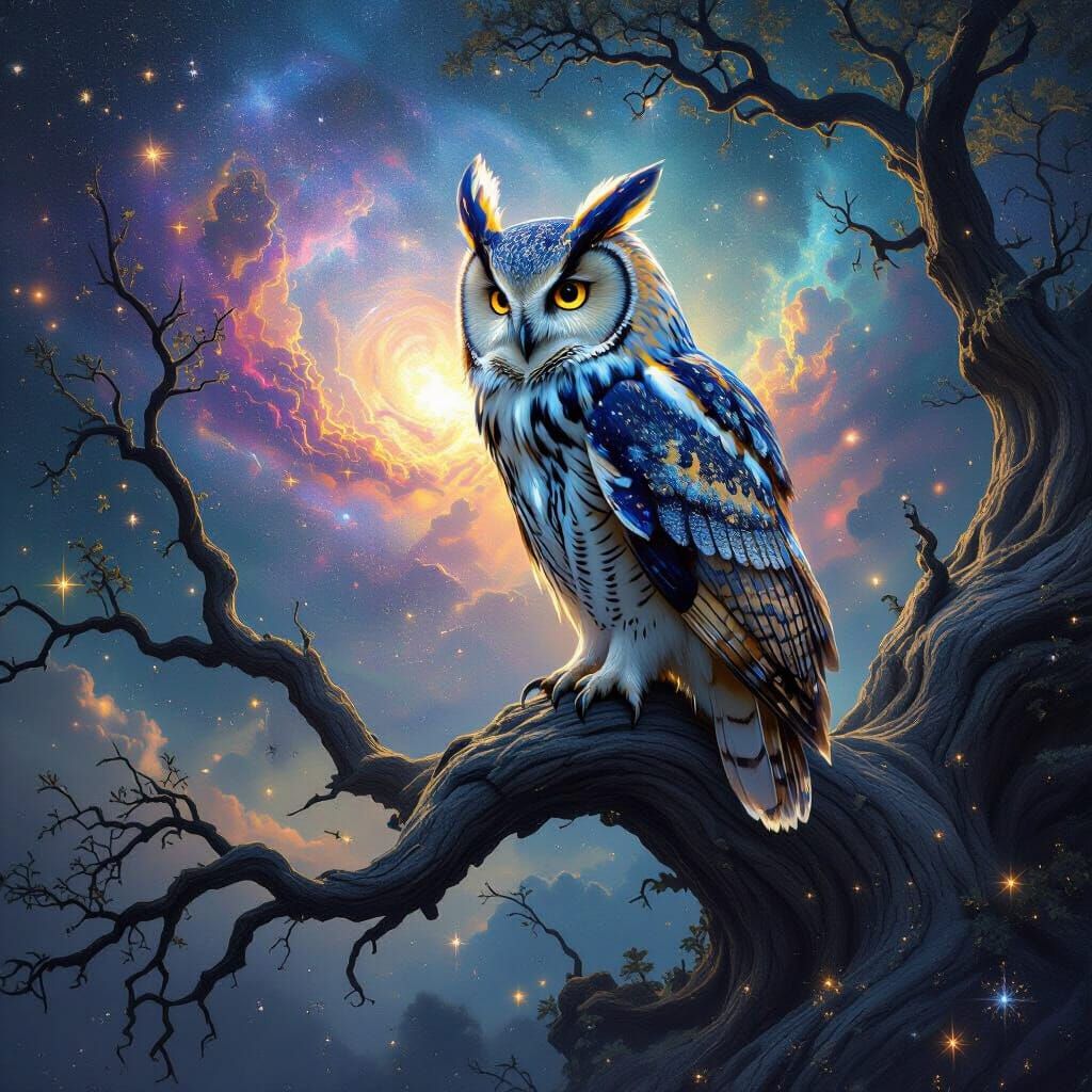Nebula Owl on Ancient Tree Under Starry Galaxy