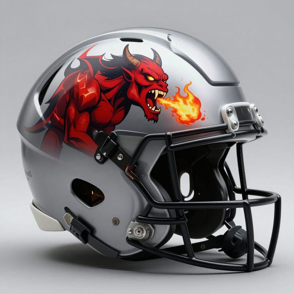 Silver Football Helmet with Red Demon Clipart