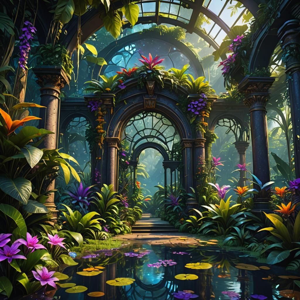 Enchanted Jungle Glasshouse Portal in Lush Tropical Setting
