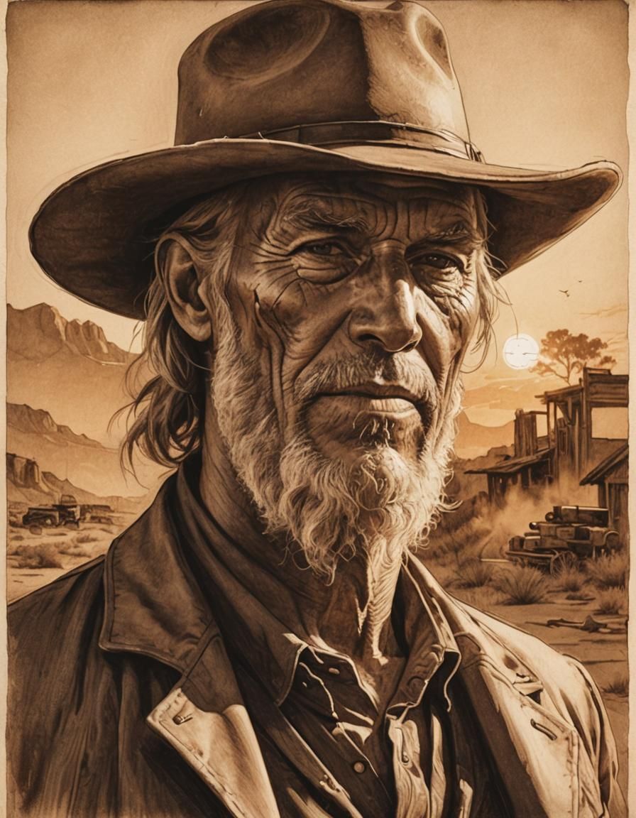 Monochrome Sepia Portrait of an Old Gunslinger