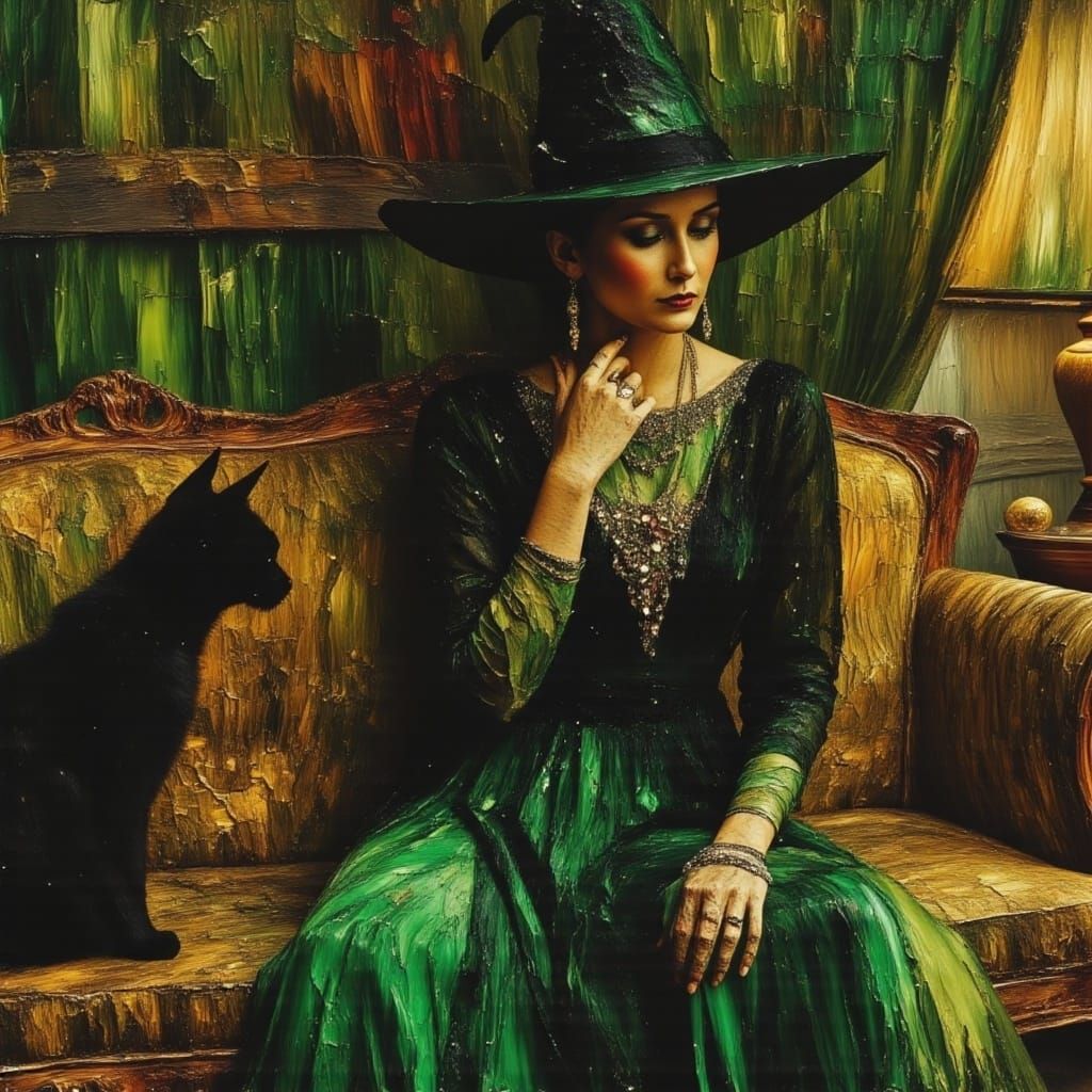 Regal Witch in Oil Painting Style on Velvet Sofa