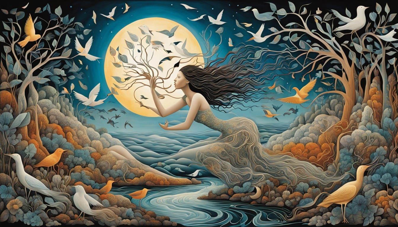 Surreal Sculpture of Woman Picking Up Mirrors