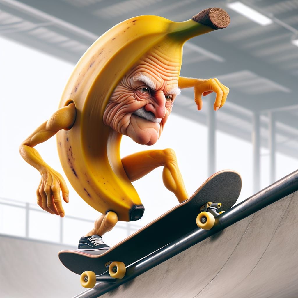 Aged Banana Skateboarder Rides at the Skatepark