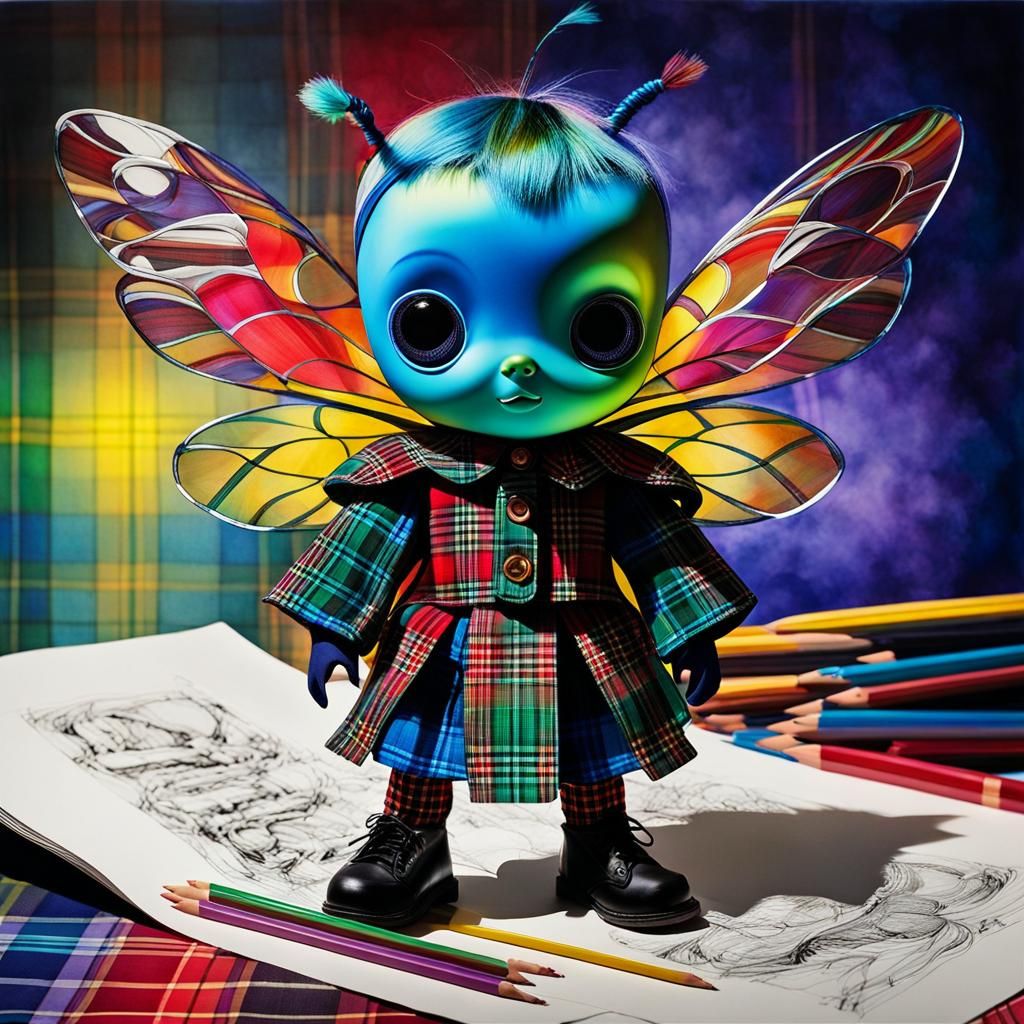 Tartan background ,Kid's drawing ,surreal child's drawing , rayograph Man Ray collection of random tartan objects , ligh...