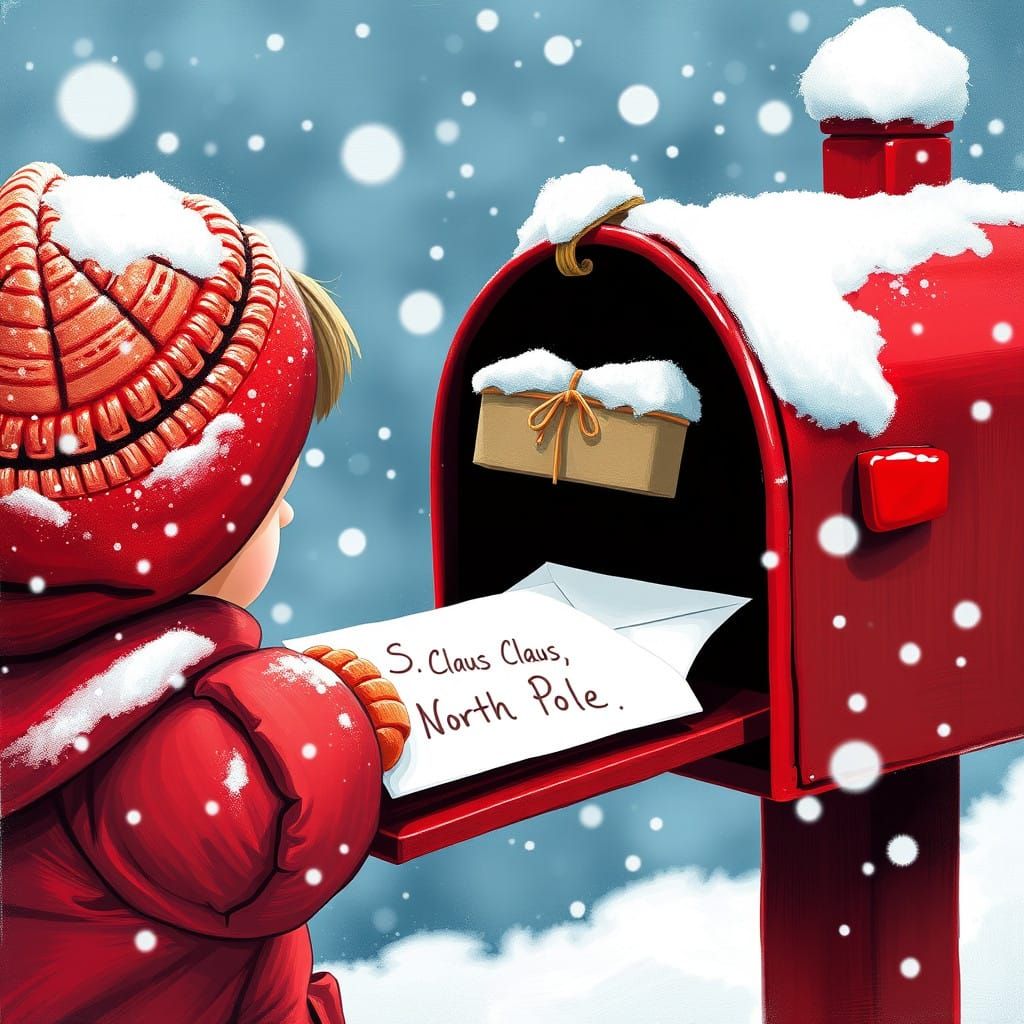 Child Mails Letter at Snowy North Pole Mailbox