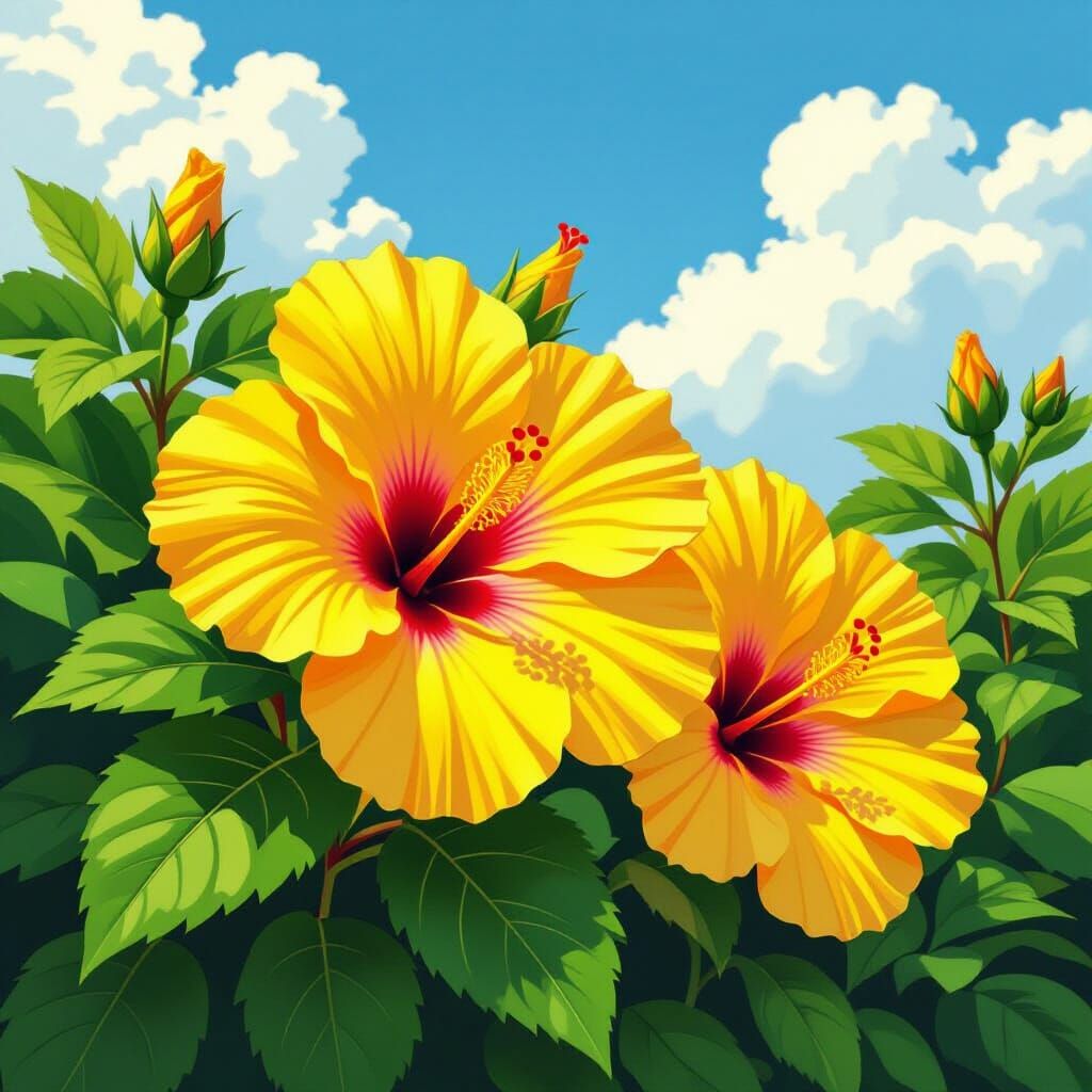 Glossy Hibiscus Flowers in a Vibrant Garden