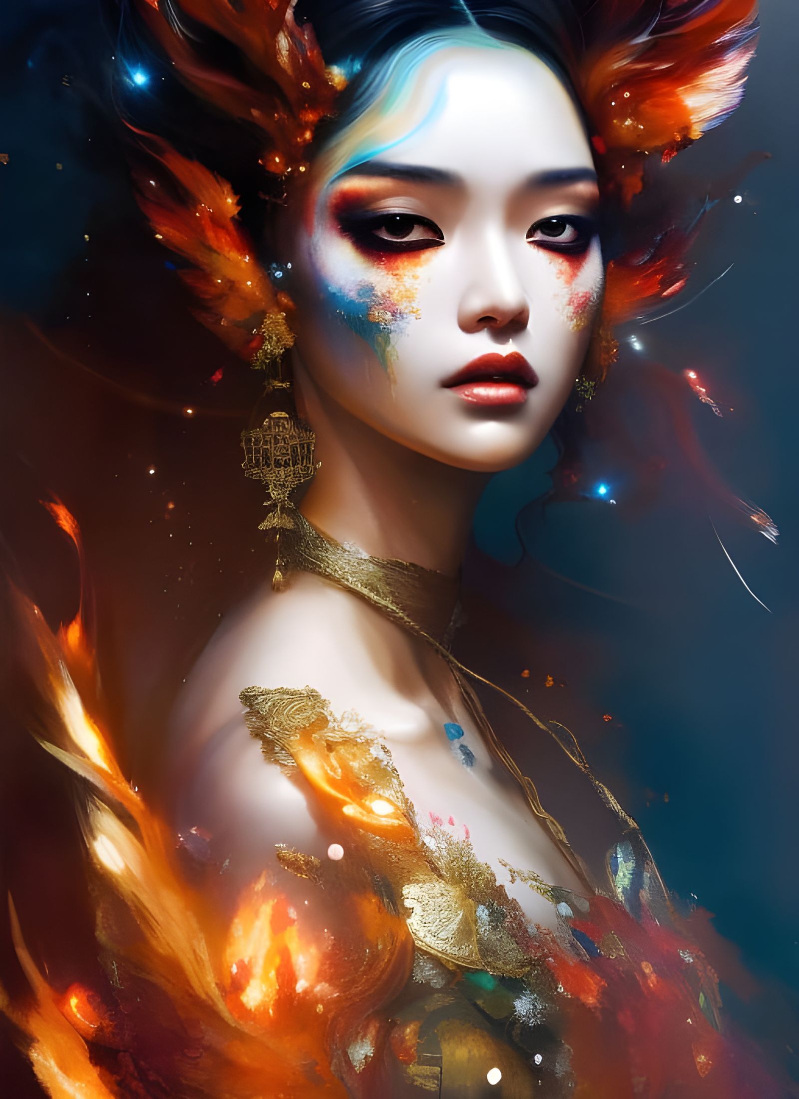 Beautiful Fire Princess Portrait with Flames and Sparks