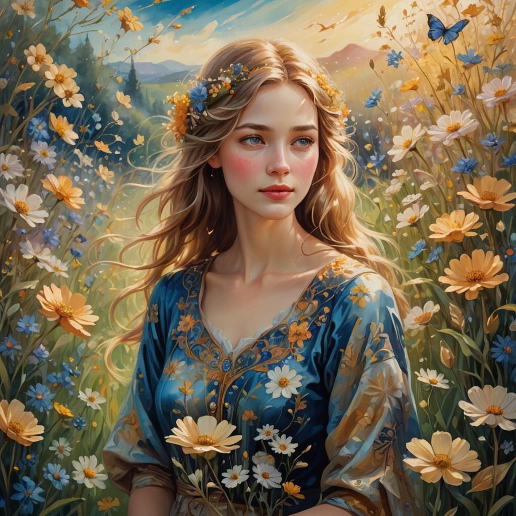 Woman in Blossoming Meadow: Fantasy Concept Art