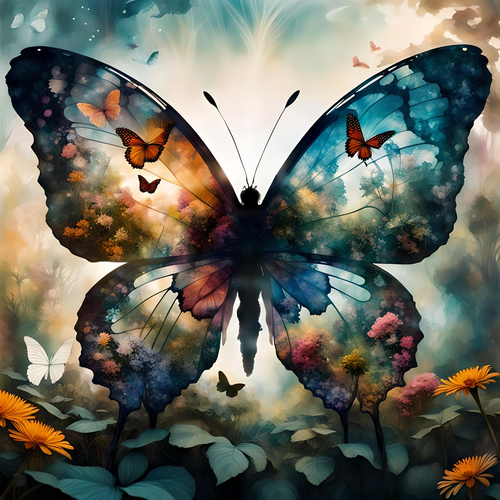 Double exposure of silhouette of a butterfly