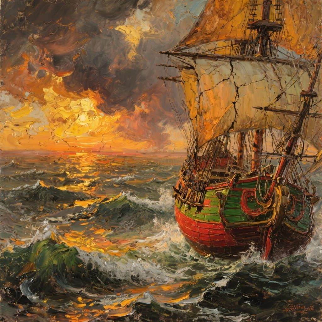 An oil painting on canvas, richly textured brushstrokes with...