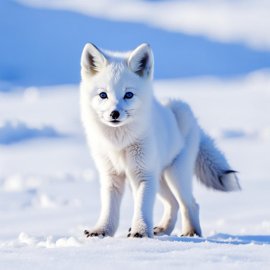 White Fox Cub Walking on Snow