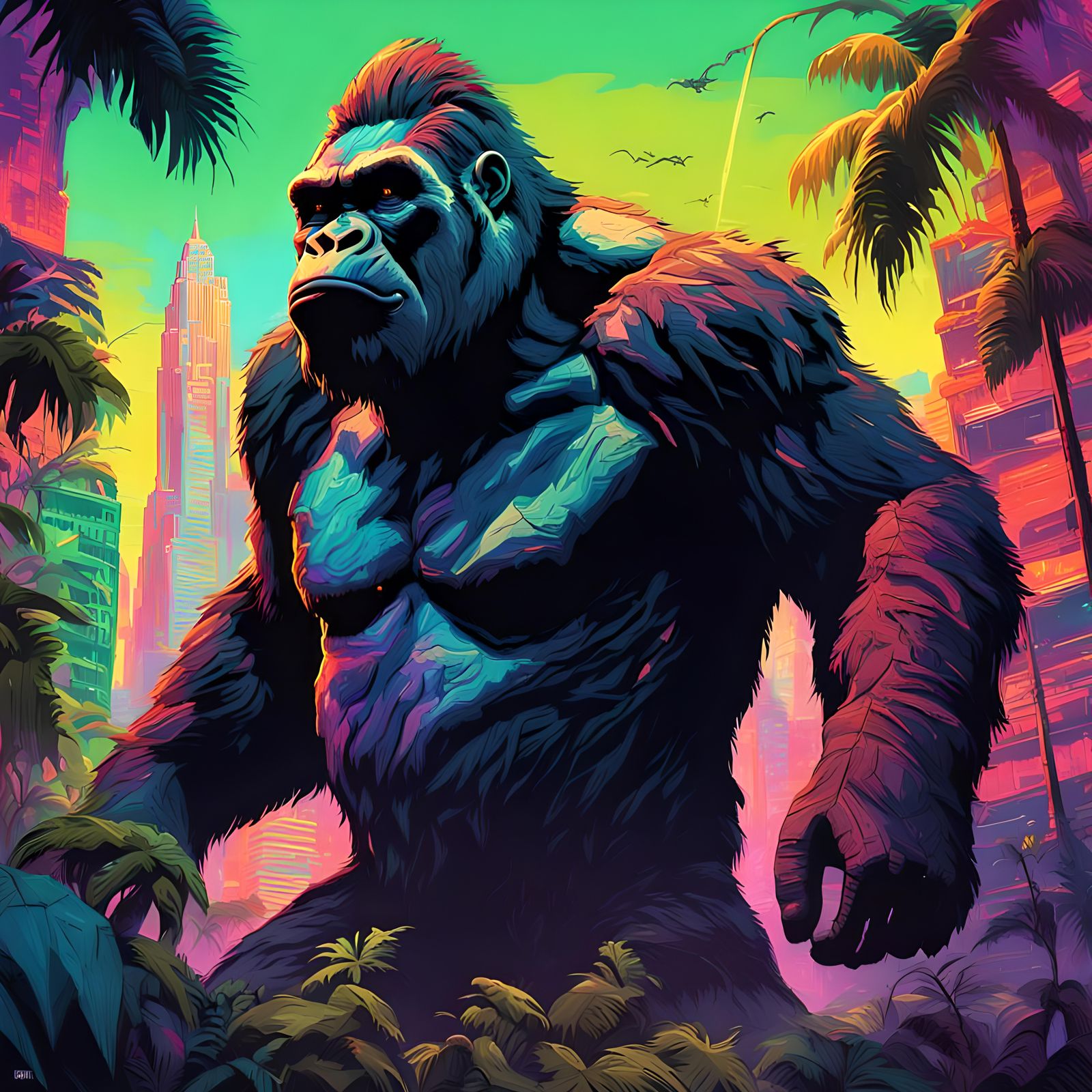 King Kong Portrait in Neon Jungle City