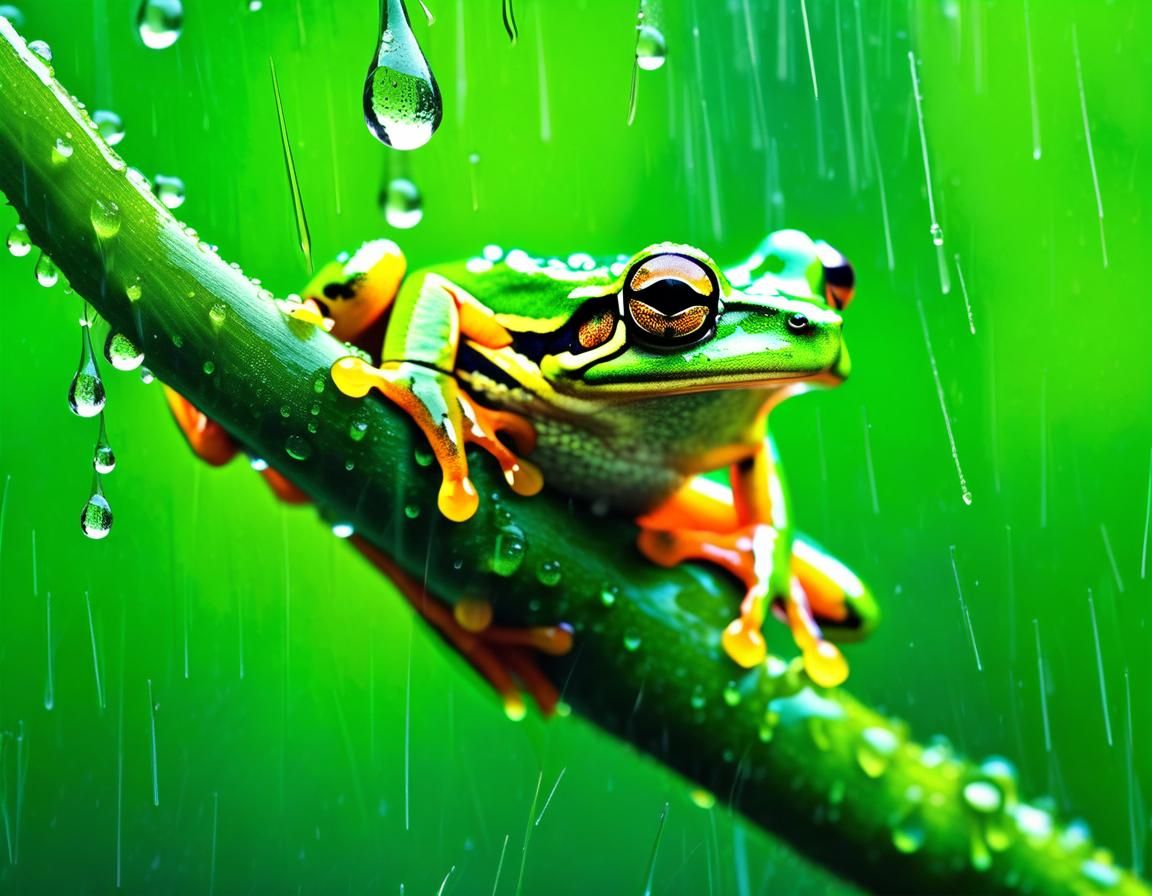 Tree Frog Captures Insect in Rainy Rainforest