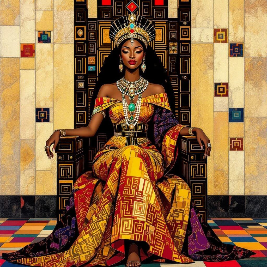 African Queen on Golden Throne, Klimt-Inspired Art