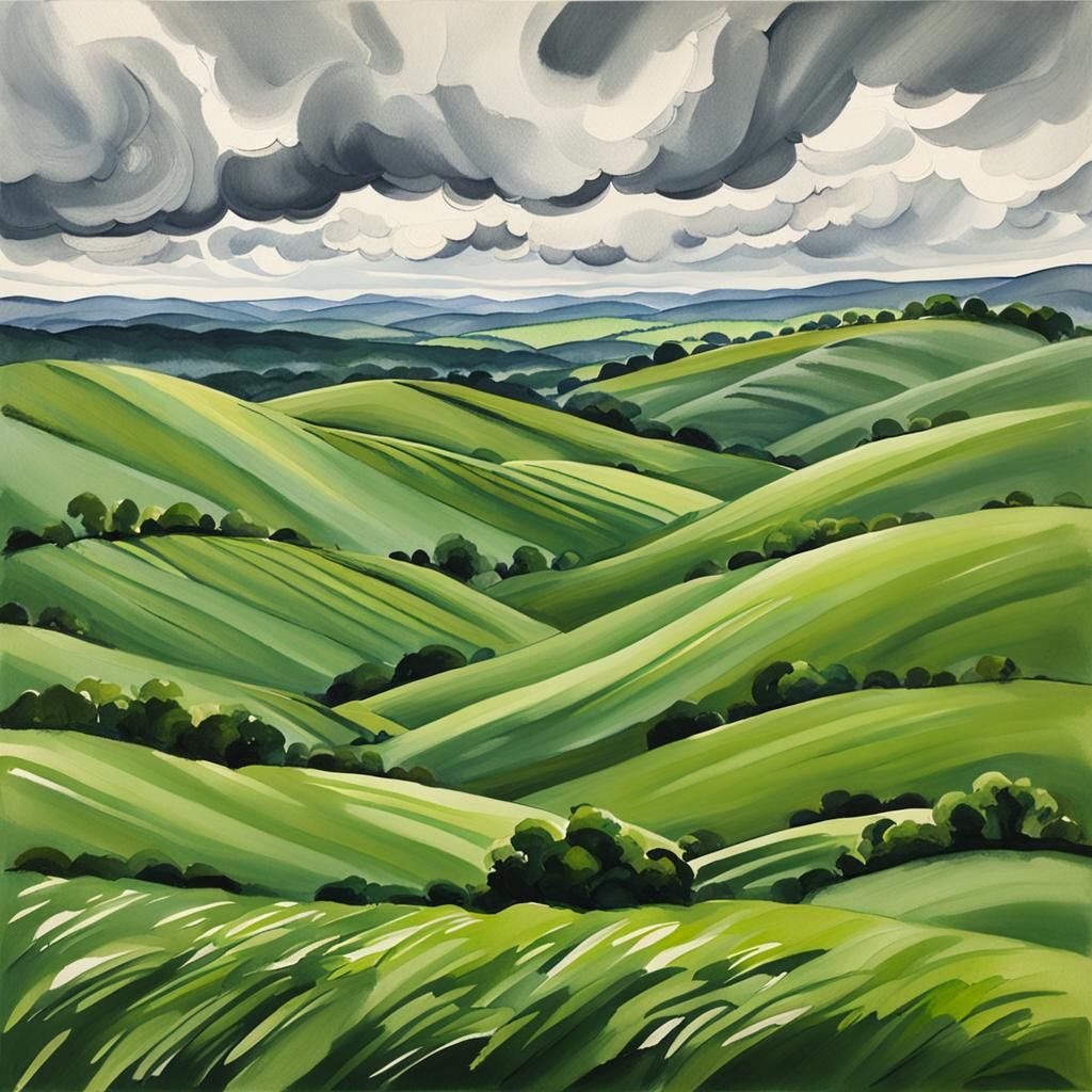 Rolling Green Hills Gouache Painting