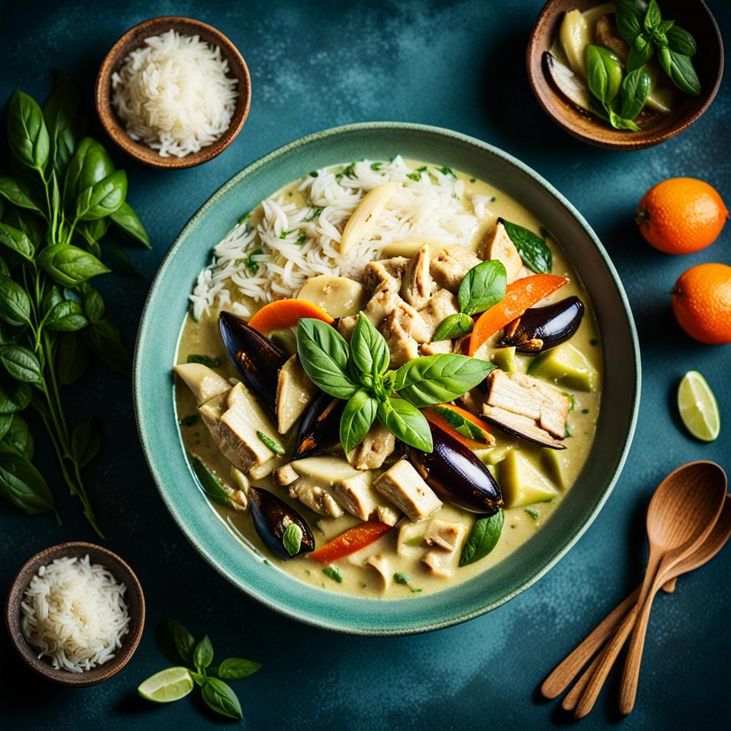 Thai Green Curry Still Life in Cinematic Lighting