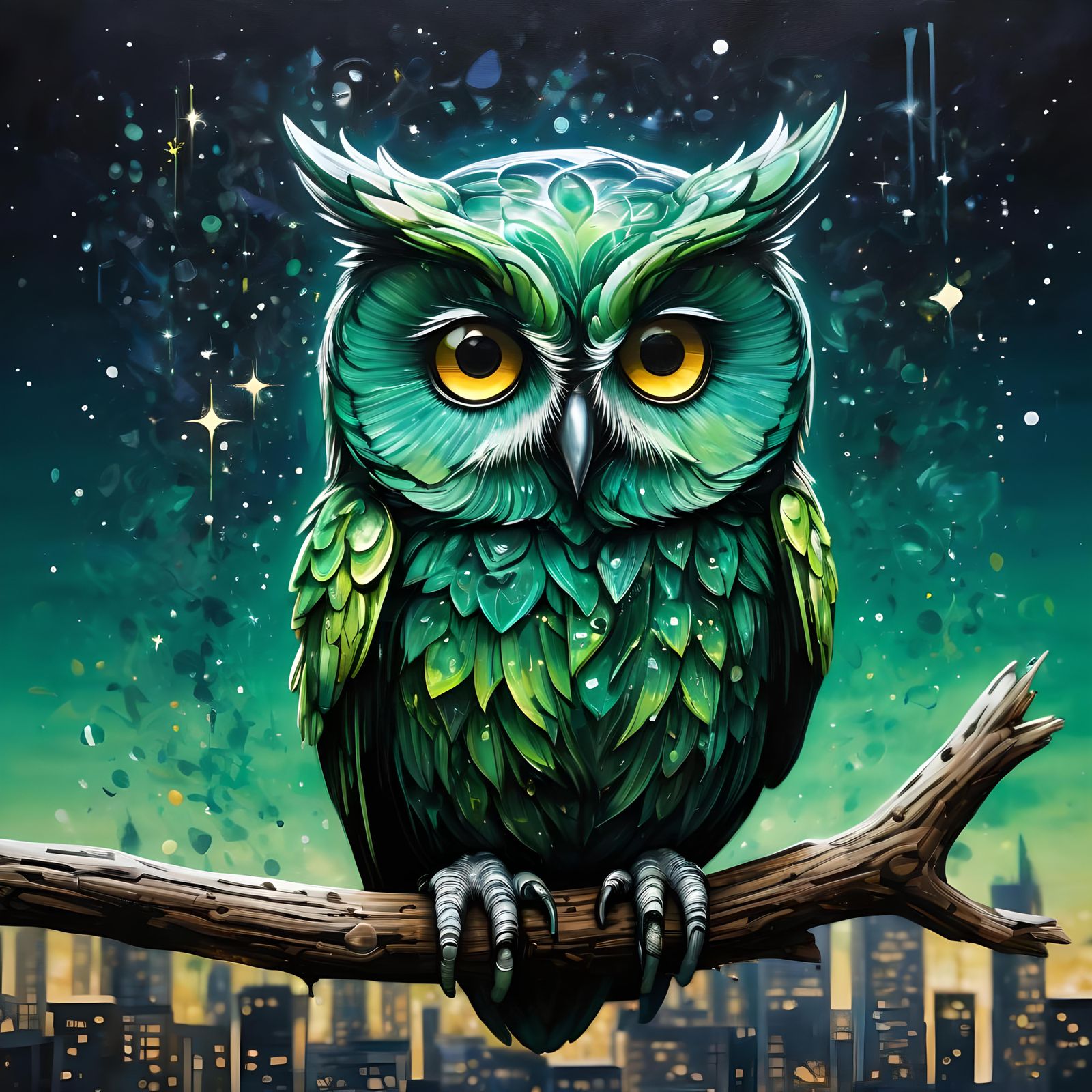 Emerald Owl Gliding Through Starry Night Sky