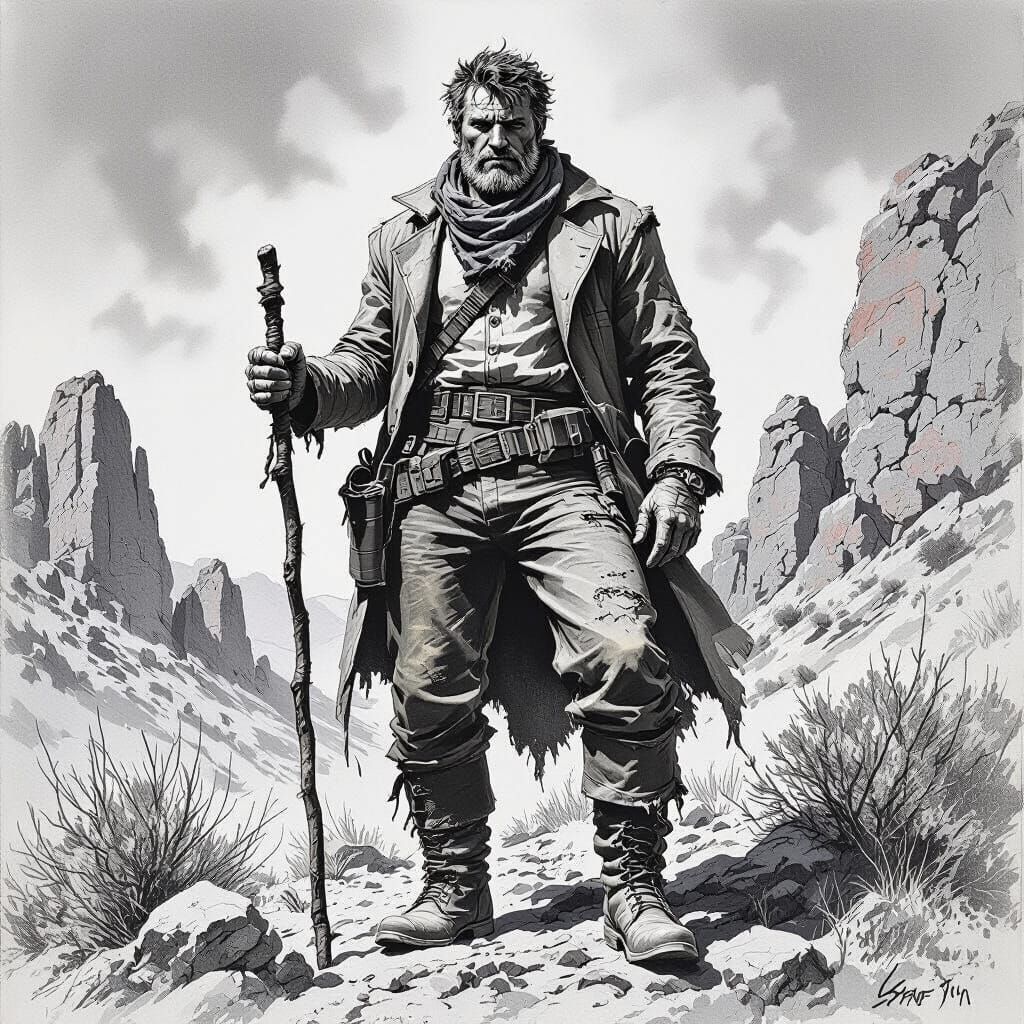 Grizzled Tracker on Rocky Terrain: Hyperdetailed Charcoal Dr...