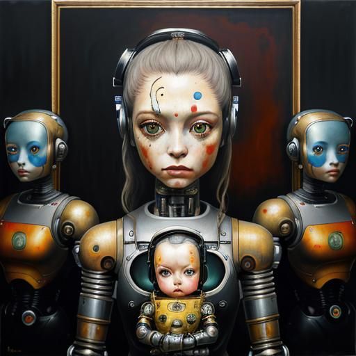 Pop Surrealism: Girl and Robot Oil Painting