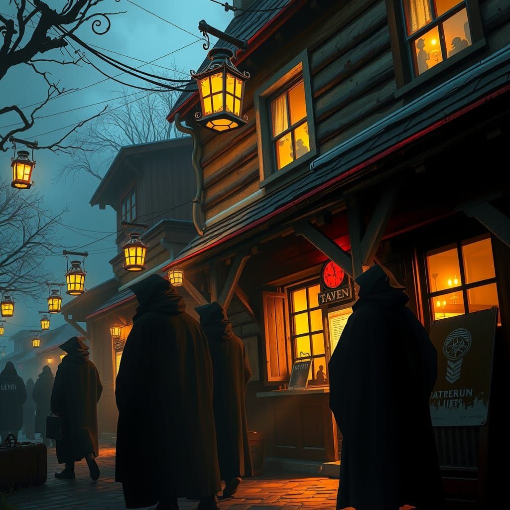 Rustic Tavern Scene with Travelers in Atmospheric Light