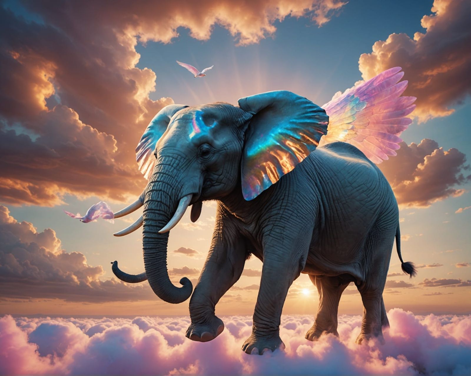 Majestic Elephant Soaring Through Clouds: Digital Art