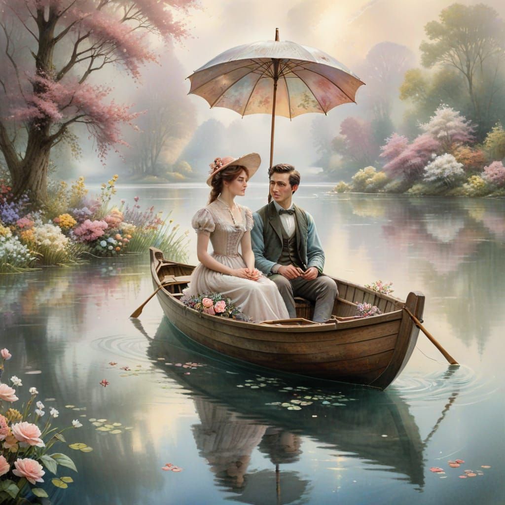 Victorian Couple in Rowboat, Watercolor & Ink