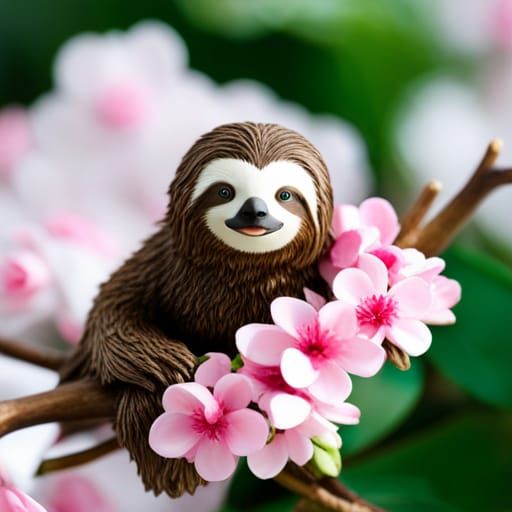 Cherry Blossom Sloth Diorama with Sakura Flowers