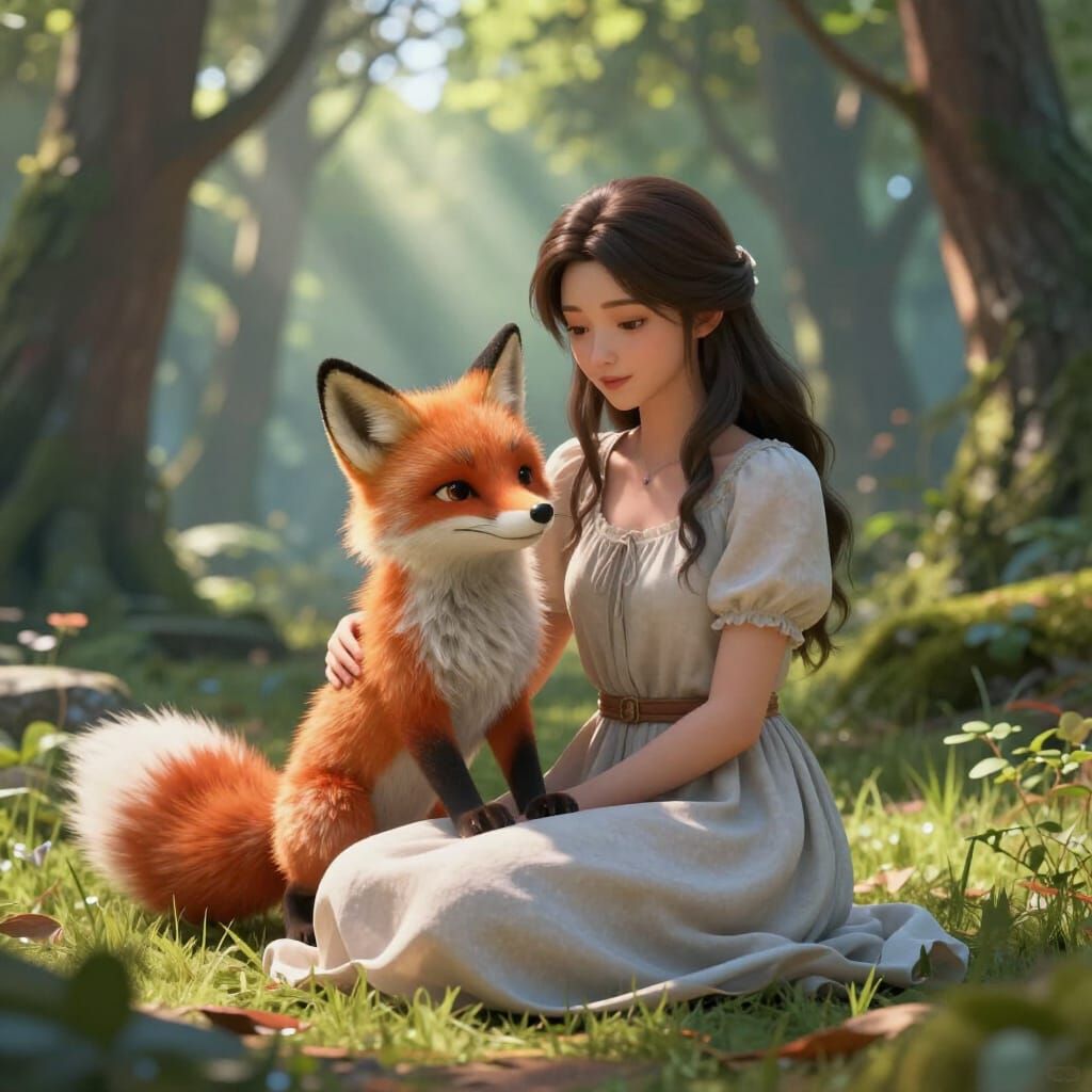 Anthropomorphic Fox Rests on Woman's Lap in Sunlit Forest