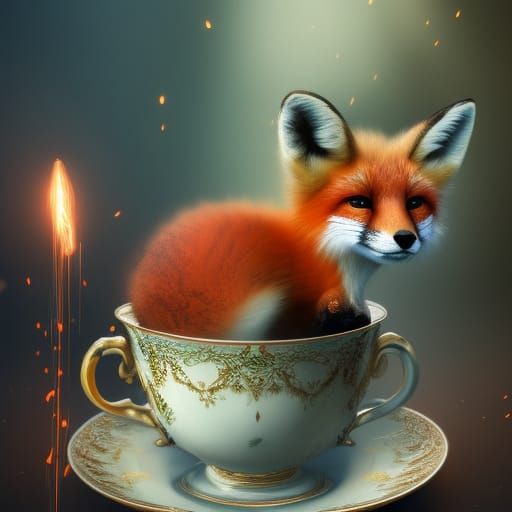 Baby Fox in Teacup: Detailed Matte Painting