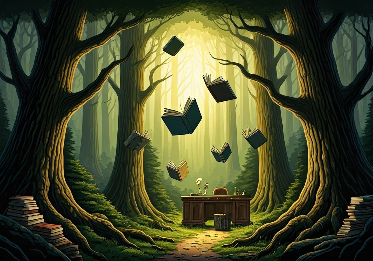 A woodland with hundreds of books perched along the branches and other books flying to a library desk