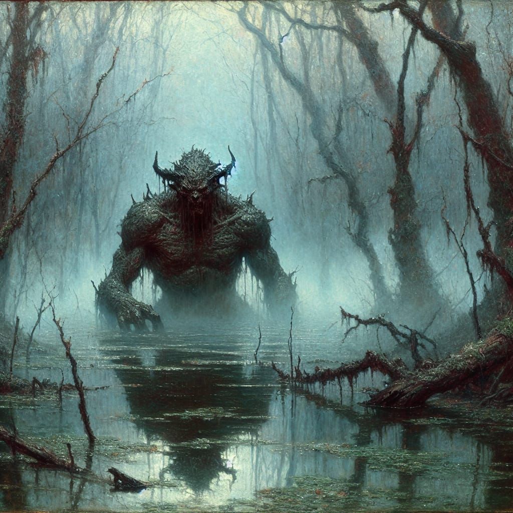 Demonic Figure Emerges in Misty Swampland