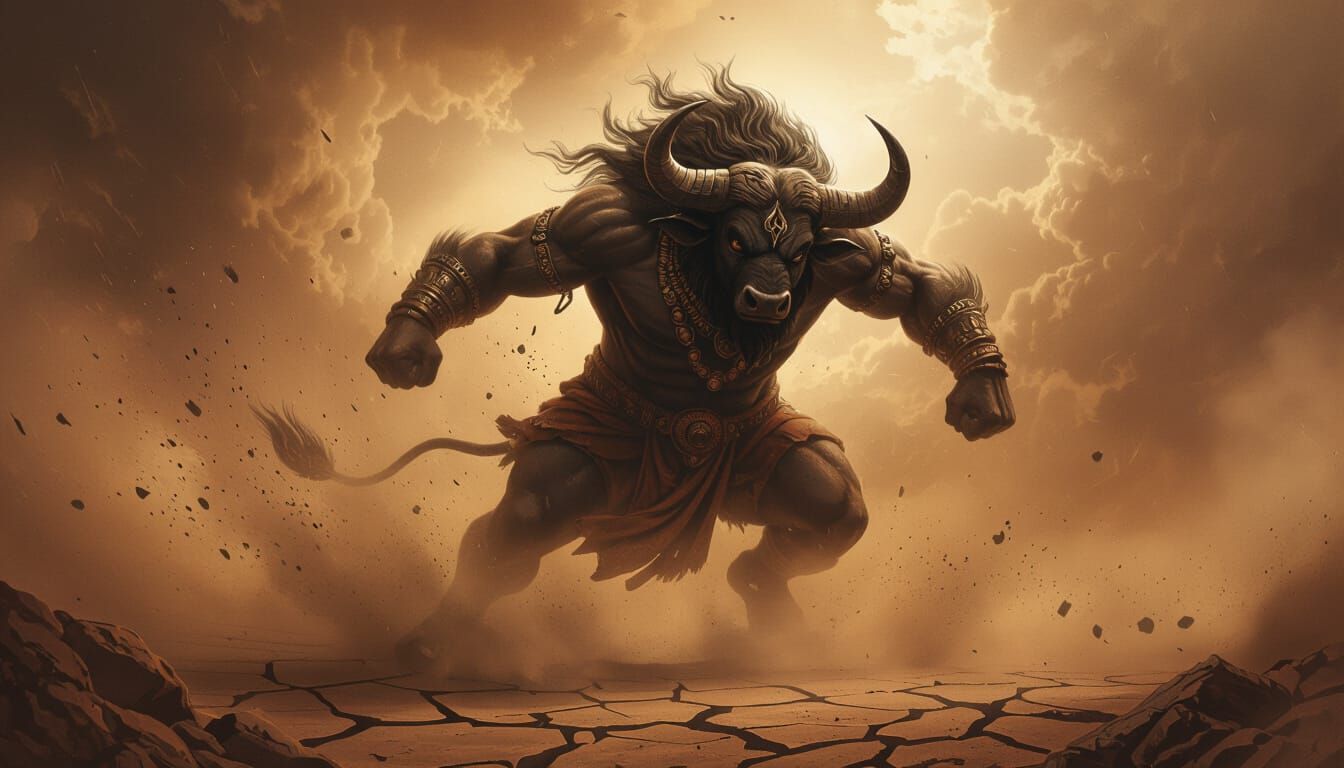 Mahishasura Transforms into Buffalo Demon in Dust Storm