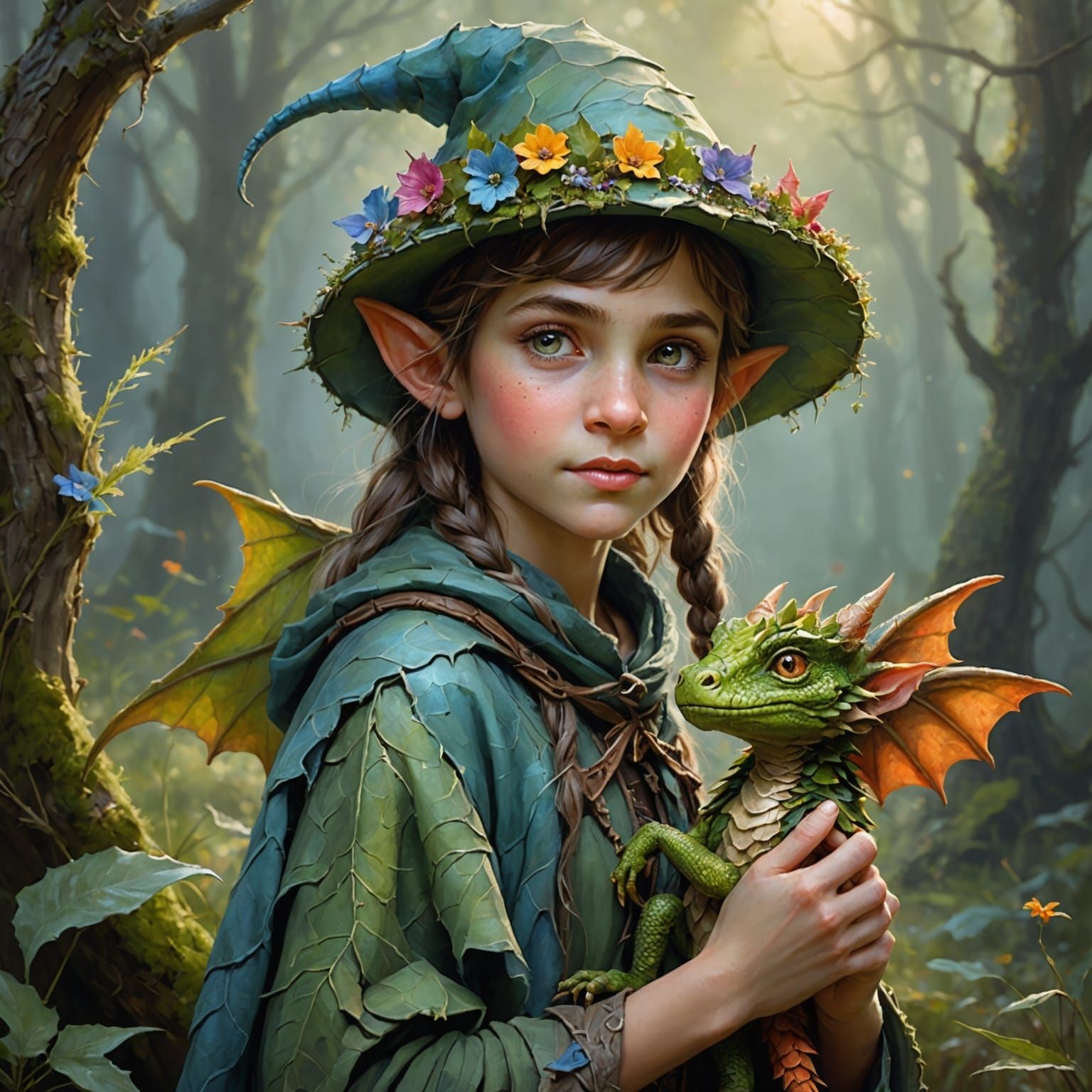 Pixie Elf Girl with Dragon: Impasto Oil Painting