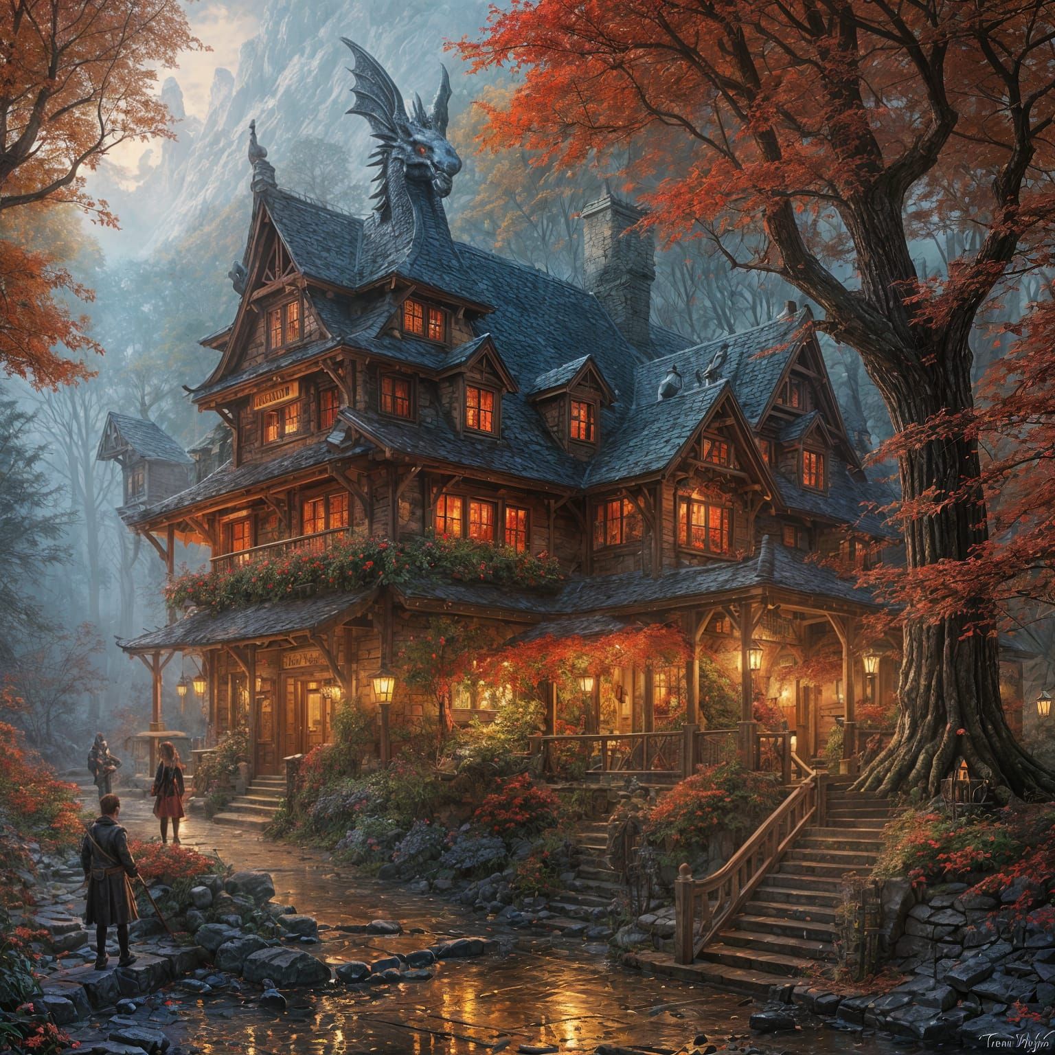 Red and Black Dragon in Fall Forest, Kinkade Style