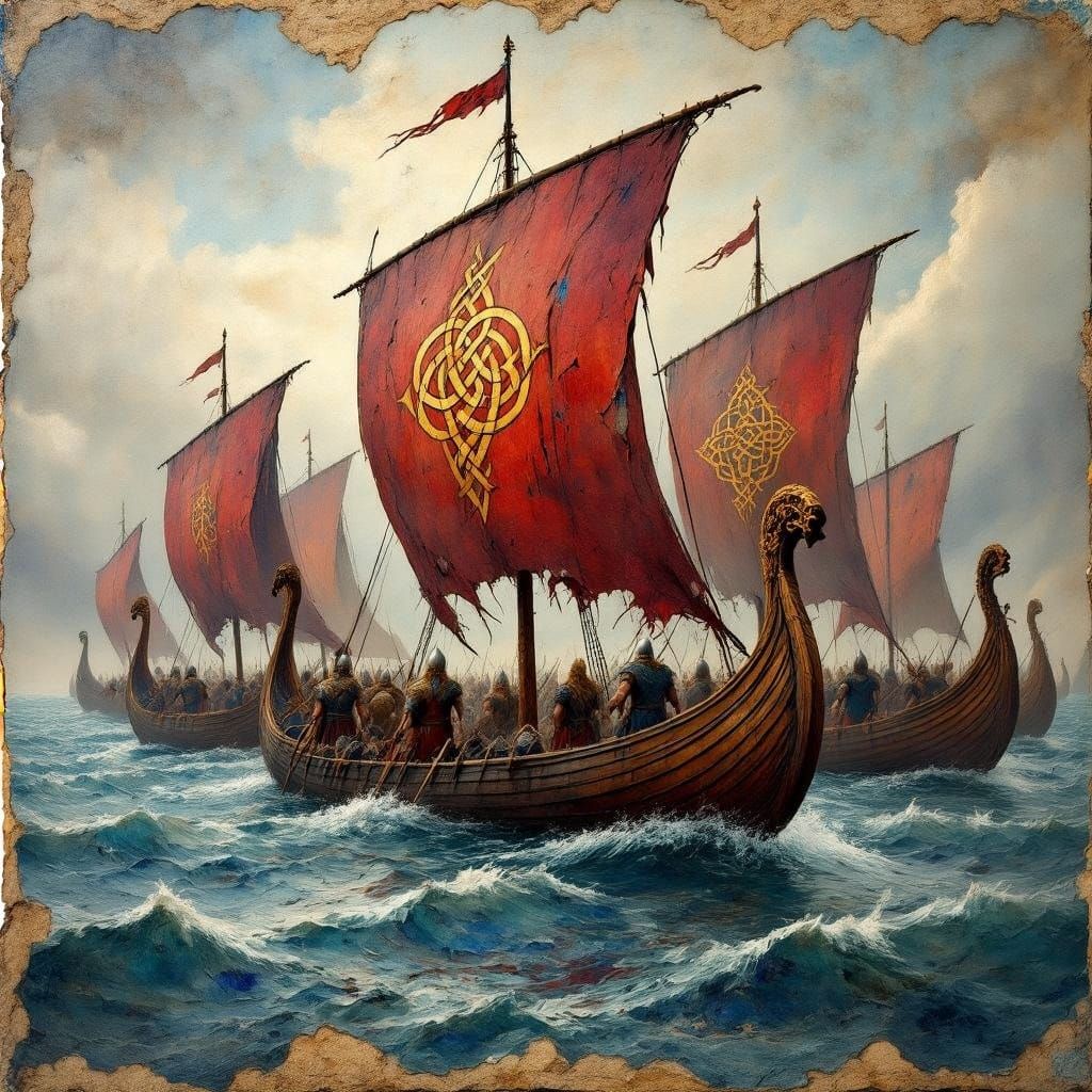 Viking Longships Fresco in Earthy Ochres and Gold