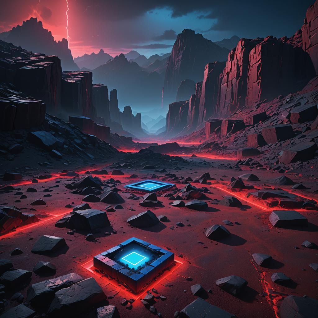 Neon Squares Clash on Rocky Terrain: Digital Art
